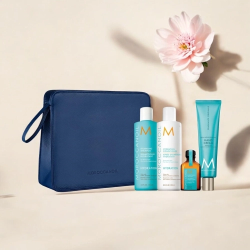 Moroccanoil Hydration - nawilżający szampon do włosów 250ml + odżywka nawilżająca 250ml + kuracja + krem do rąk + kosmetyczka GRATIS