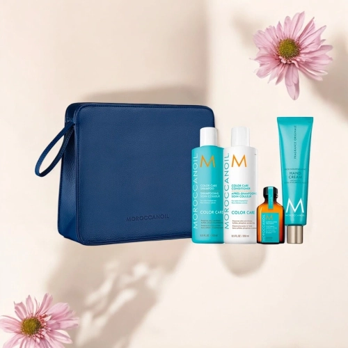 Moroccanoil Color Core - zestaw kosmetyków do włosów ochrona koloru - szampon, odżywka, kuracja, krem do rąk, kosmetyczka GRATIS 