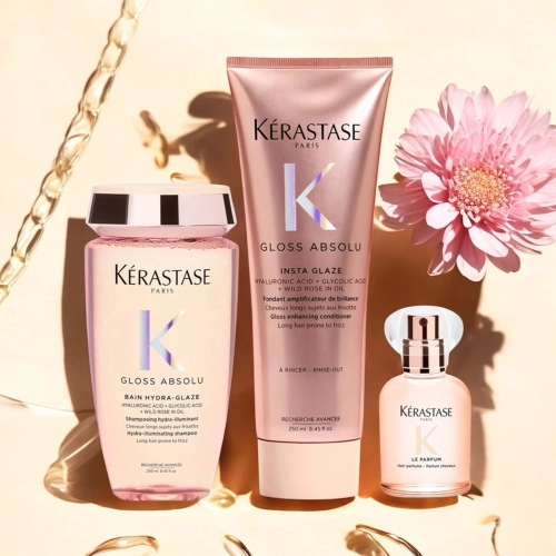 Kérastase Gloss Absolu - zestaw wygładzający do włosów długich puszących się szampon + odżywka + perfum do włosów