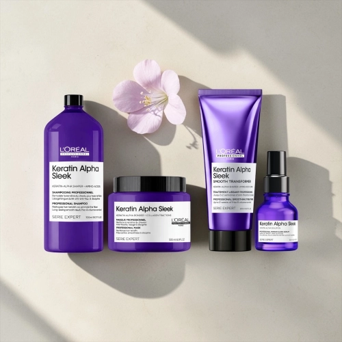  L'Oréal Professionnel Keratin Alpha Sleek - nabłyszczający zestaw do włosów puszących szampon POMPKA GRATIS 1000 ml + kuracja 200 ml + maska 500 ml + serum 50 ml