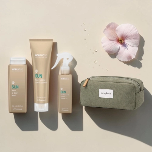 Framesi Morphosis Sun - zestaw do włosów narażonych na szkodliwe działanie promieni słonecznych szampon + odżywka + spray + kosmetyczka z dwoma produktami żel pod prysznic 75 ml + odżywka nawilżająca 75 ml GRATIS