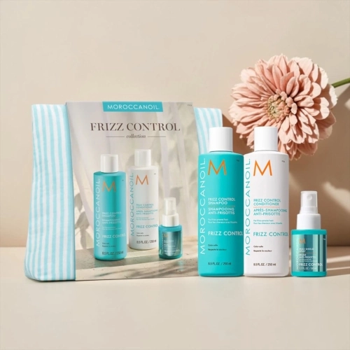 Moroccanoil spring frizz control - zestaw do włosów wygładzający szampon 250 ml + odżywka 250 ml + odżywka bezspłukiwania 50 ml + kosmetyczka gratis