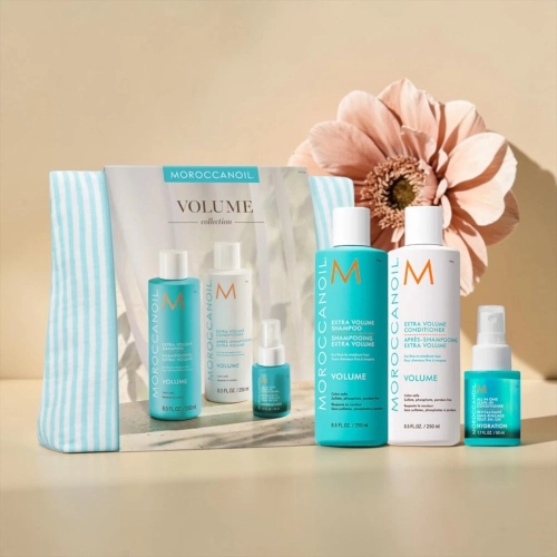 Moroccanoil spring volume - zestaw do włosów zwiększający objętość szampon 250 ml + odżywka 250 ml + odżywka bezspłukiwania 50 ml + kosmetyczka gratis