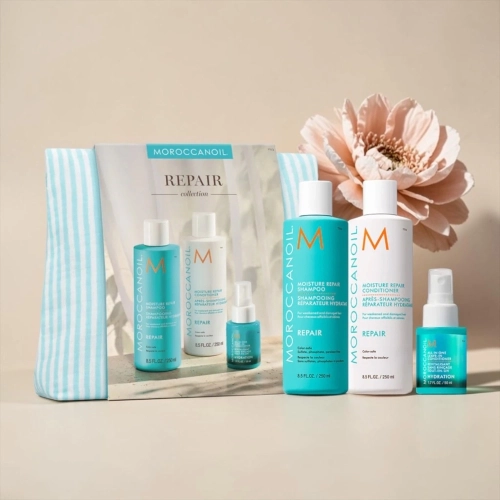 Moroccanoil spring repair - zestaw do włosów nawilżająco-odbudowujący szampon 250 ml + odżywka 250 ml + odżywka bezspłukiwania 50 ml + kosmetyczka gratis
