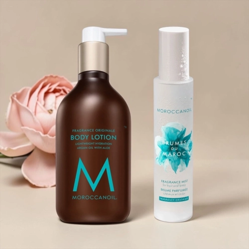 Moroccanoil zestaw mgiełka zapachowa do włosów i ciała 100 ml + balsam nawilżający do ciała, zapach oryginalny 360 ml