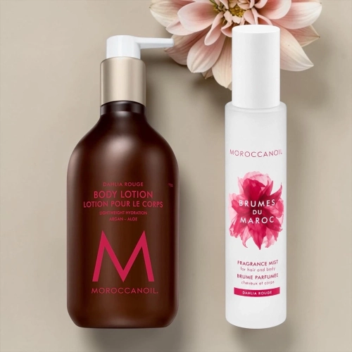 Moroccanoil zestaw mgiełka zapachowa do włosów i ciała 100 ml + balsam nawilżający do ciała, zapach dahlia rouge 360 ml