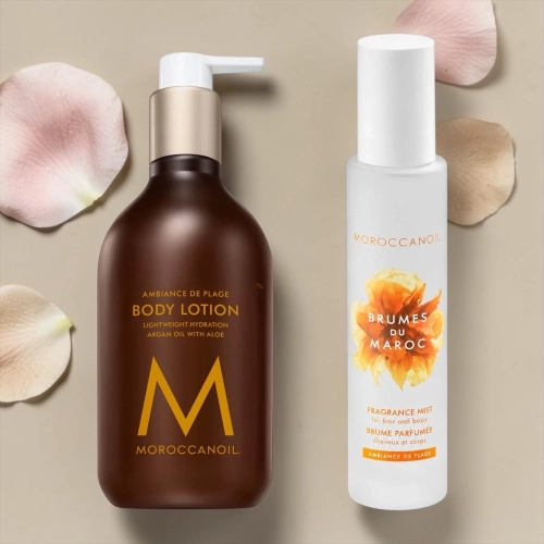 Moroccanoil zestaw mgiełka zapachowa do włosów i ciała 100 ml + balsam nawilżający do ciała, zapach ambiance de plage 360 ml