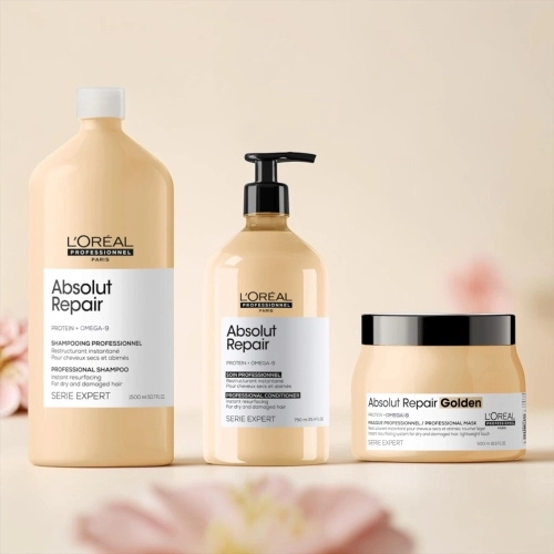 L’Oréal Professionnel Serie Expert Absolut Repair - zestaw odbudowujący do włosów zniszczonych szampon 1500 ml + maska golden 500 ml + odżywka 500 ml + pompka GRATIS