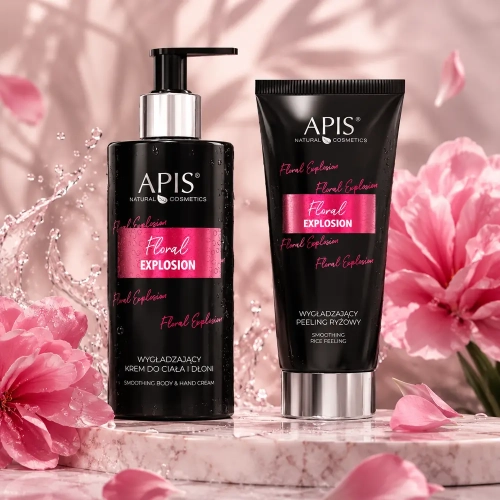 Zestaw APIS FLORAL EXPLOSION - wygładzający krem do ciała i dłoni 300 ml + wygładzający peeling ryżowy do ciała 200 ml