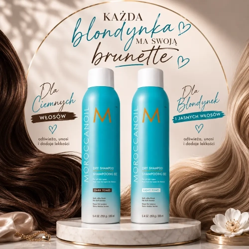 Zestaw Moroccanoil Dry Shampoo dla przyjaciółek blonde & brunette - suchy szampon do ciemnych włosów 205 ml + suchy szampon do jasnych włosów 205 ml