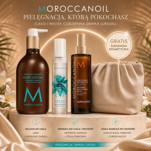 Moroccanoil zestaw balsam do ciała + mgiełka do ciała i włosów + lekka mgiełka do włosów + gratis kosmetyczka